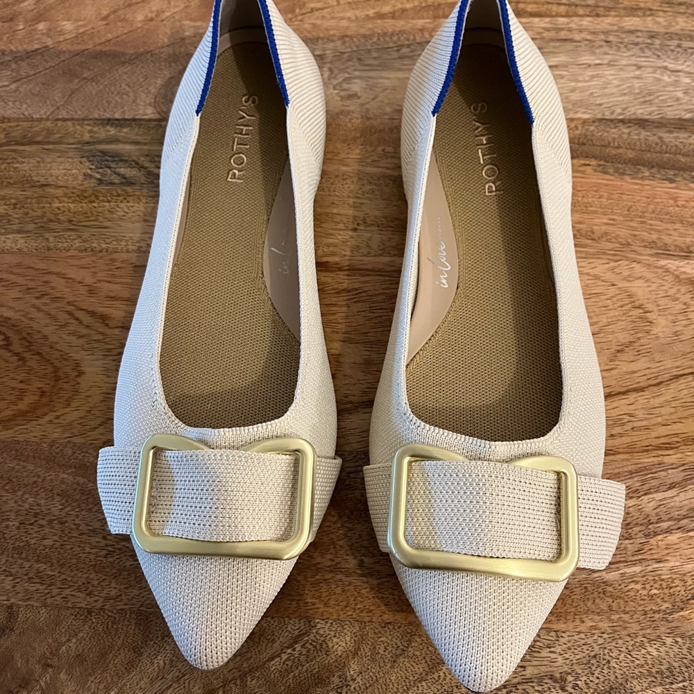 Rothy's Cream Pointed Toe Flats with Gold Buckle